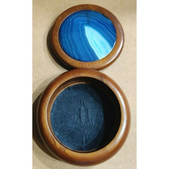 Vtg Brazilian Natural Agate Blue Dyed Inlaid on Lid Carved Wooden Trinket Box - Picture 5 of 9